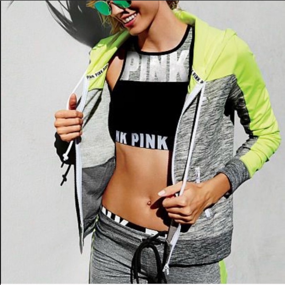Pink vs neon bright yellow xs zip up jacket s pant